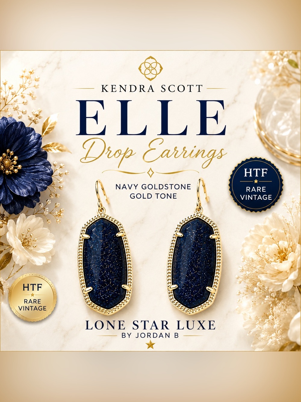 Kendra Scott Elle Drop Earrings | Navy Goldstone | Gold Tone